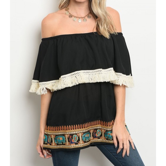 golden threads Tops - Black Elephant Peacock Off Shoulder Fringe top